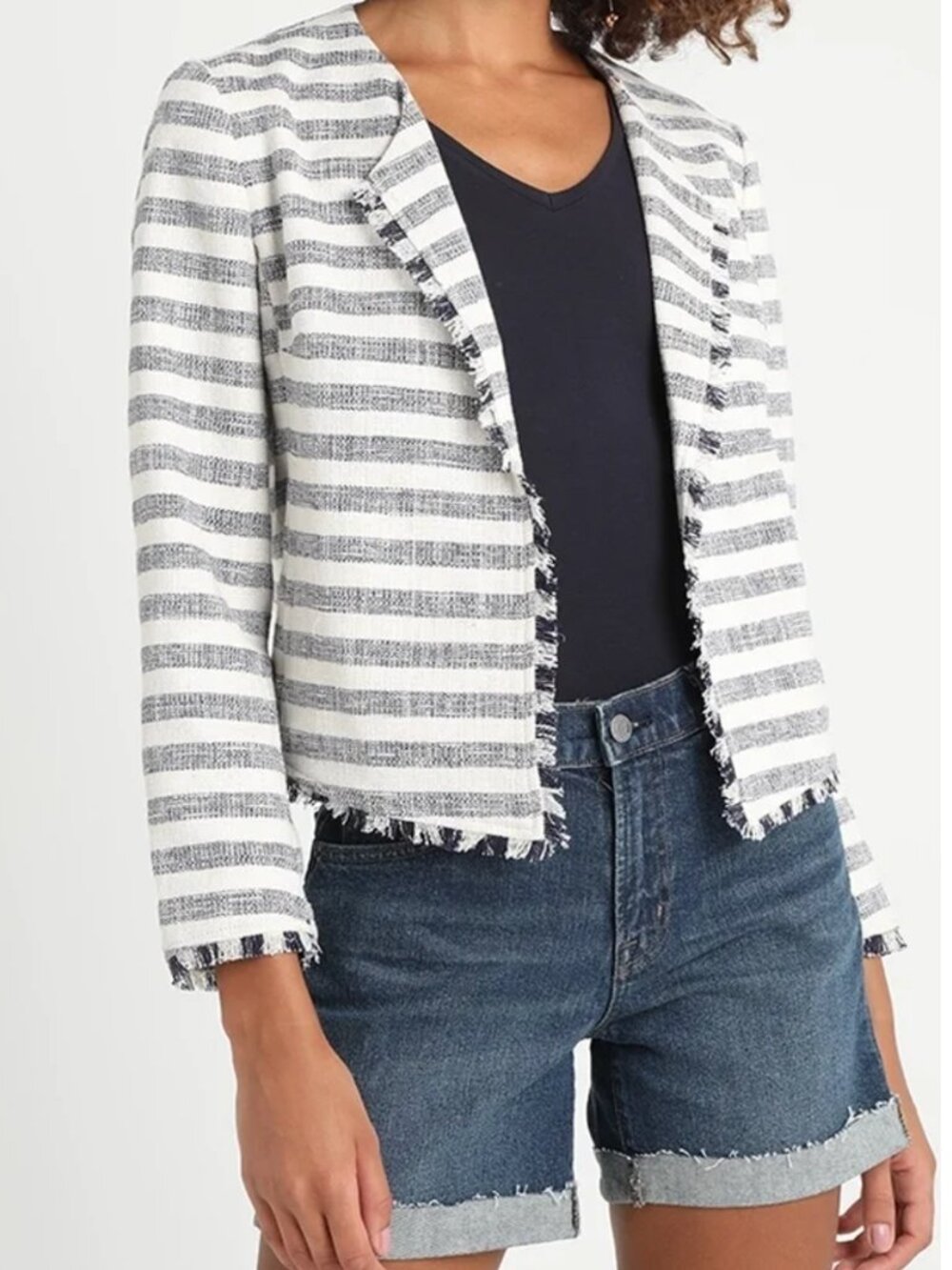 Banana Republic Navy Blue and White Striped Blazer with Fringe Size 6.
